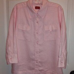 VALERIE STEVENS 100% LINEN BLOUSE ELBOW SLV W/CUFFS BUTTON POCKETS PINK LARGE